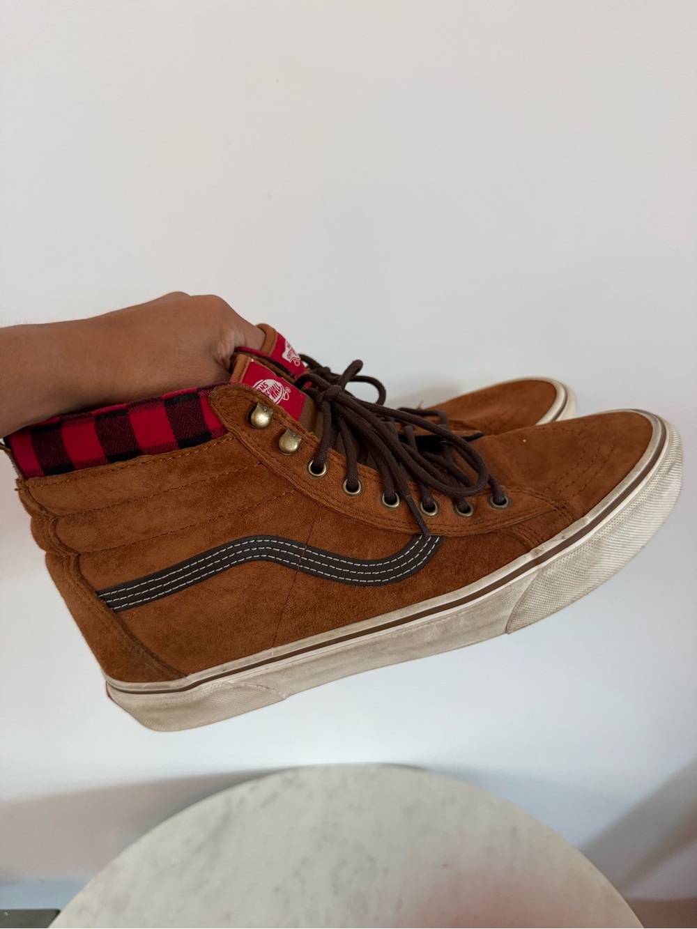 Vans Sk8-Hi MTE Scotchgard Suede High Top Shoes Sneaker Brown Plaid Mens 10.5